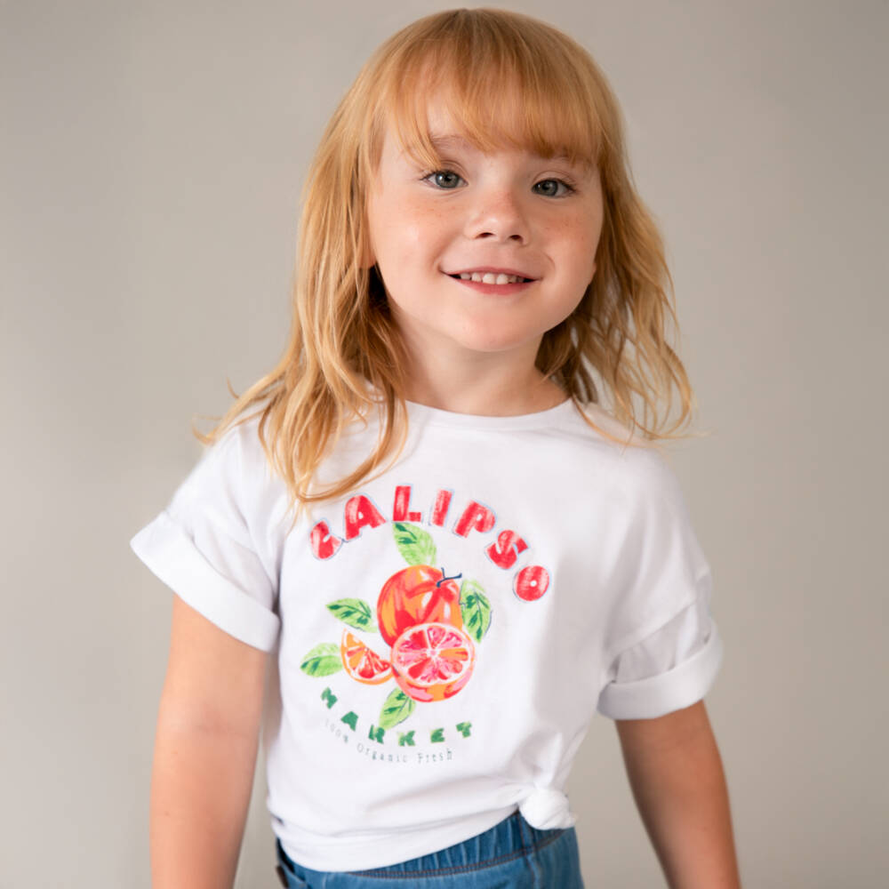 Mayoral-Girls White Cotton T-Shirt with Calipso Fruit Print | Childrensalon
