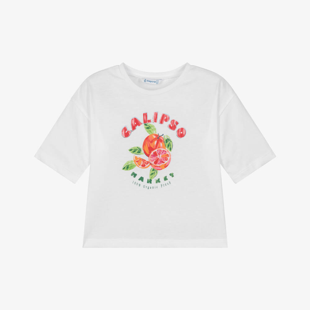 Mayoral-Girls White Cotton T-Shirt with Calipso Fruit Print | Childrensalon