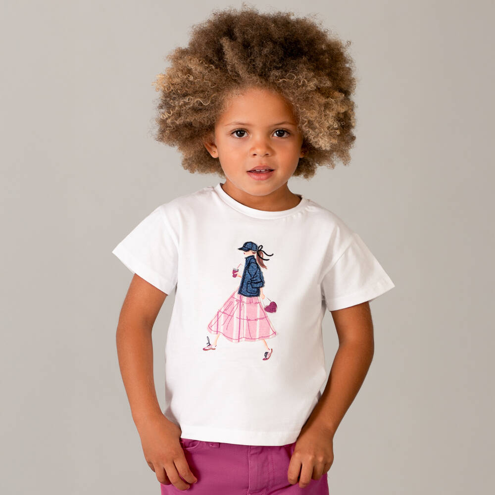 Mayoral-Girls White Cotton T-Shirt with Girl Motif | Childrensalon