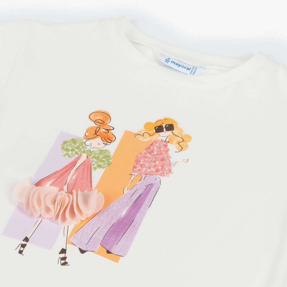 Mayoral-Girls White Cotton T-Shirt with Girls Motif | Childrensalon