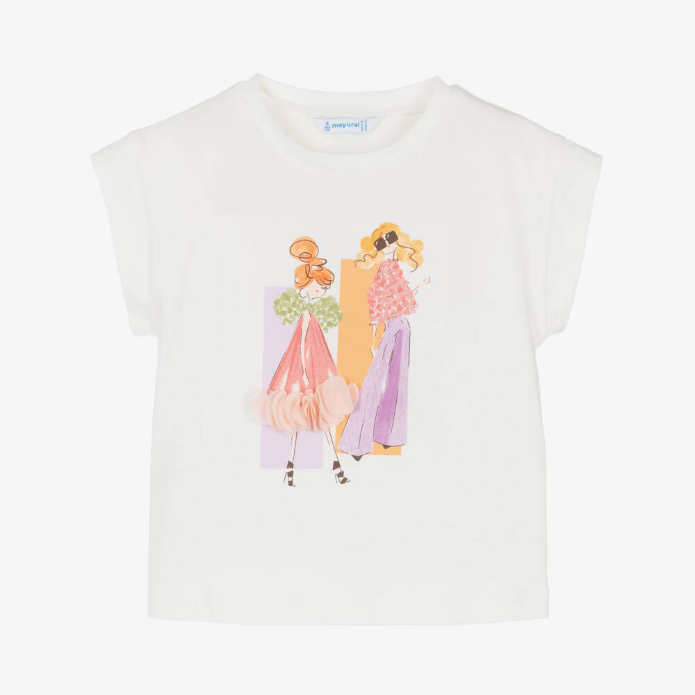 Mayoral-Girls White Cotton T-Shirt with Girls Motif | Childrensalon