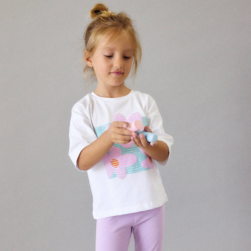 Mayoral-Girls White Cotton T-Shirt with Lilac Flower Print | Childrensalon