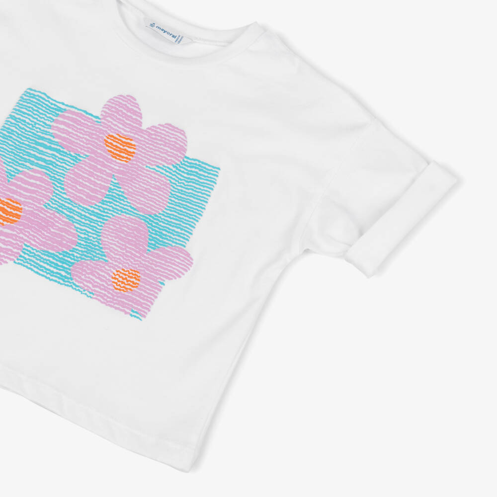 Mayoral-Girls White Cotton T-Shirt with Lilac Flower Print | Childrensalon