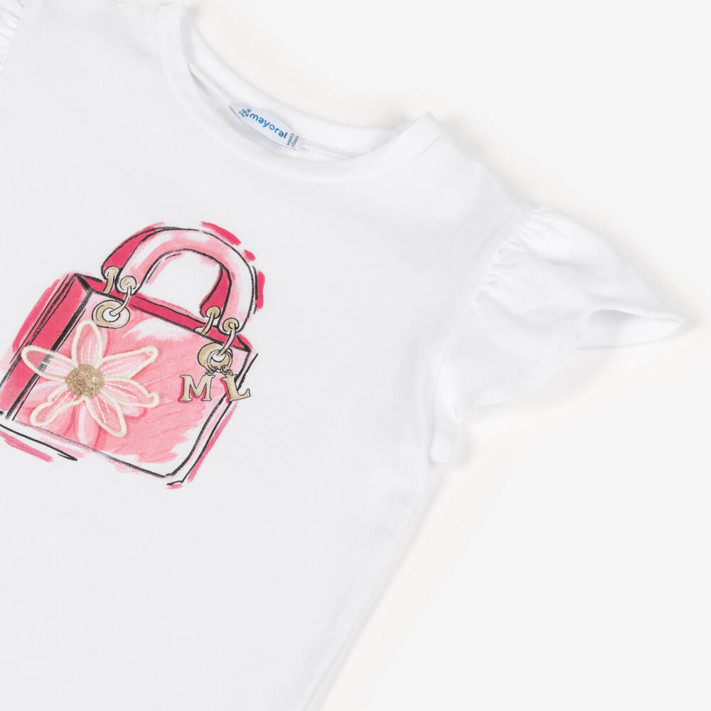Mayoral-Футболка белая хлопковая с принтом розовой сумочки для девочек | Childrensalon