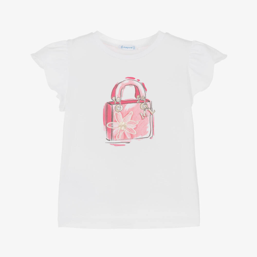 Mayoral-Футболка белая хлопковая с принтом розовой сумочки для девочек  | Childrensalon