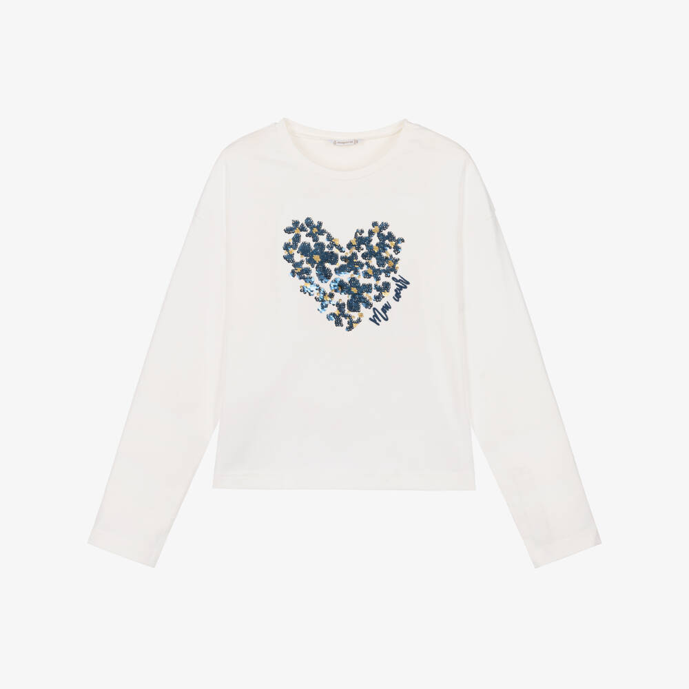 Mayoral-Girls White Cotton Top with Reversible Sequin Heart | Childrensalon