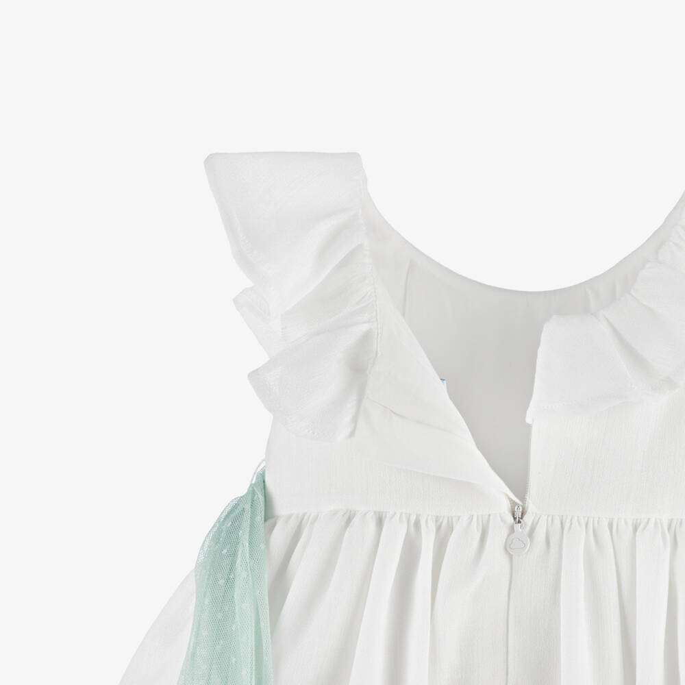Mayoral-Girls White Dress with Green Tulle Sash Belt | Childrensalon