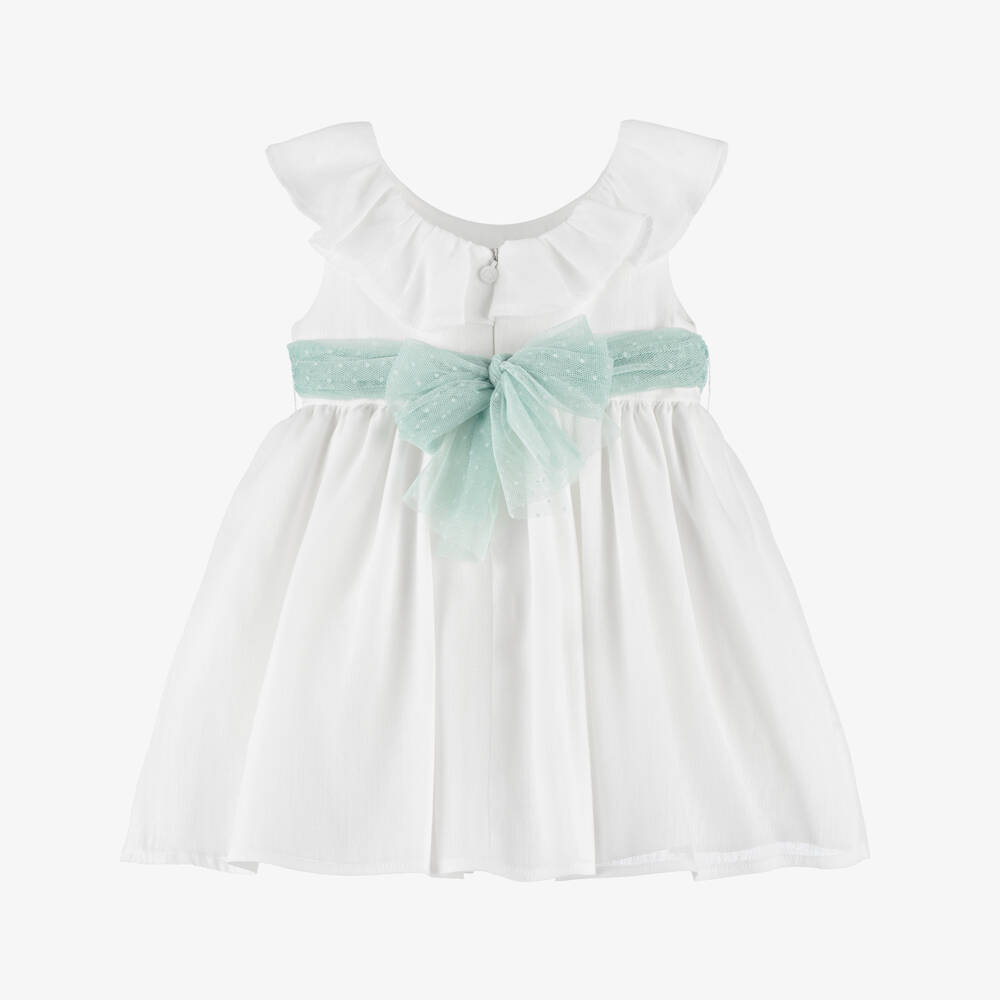 Mayoral-Girls White Dress with Green Tulle Sash Belt | Childrensalon