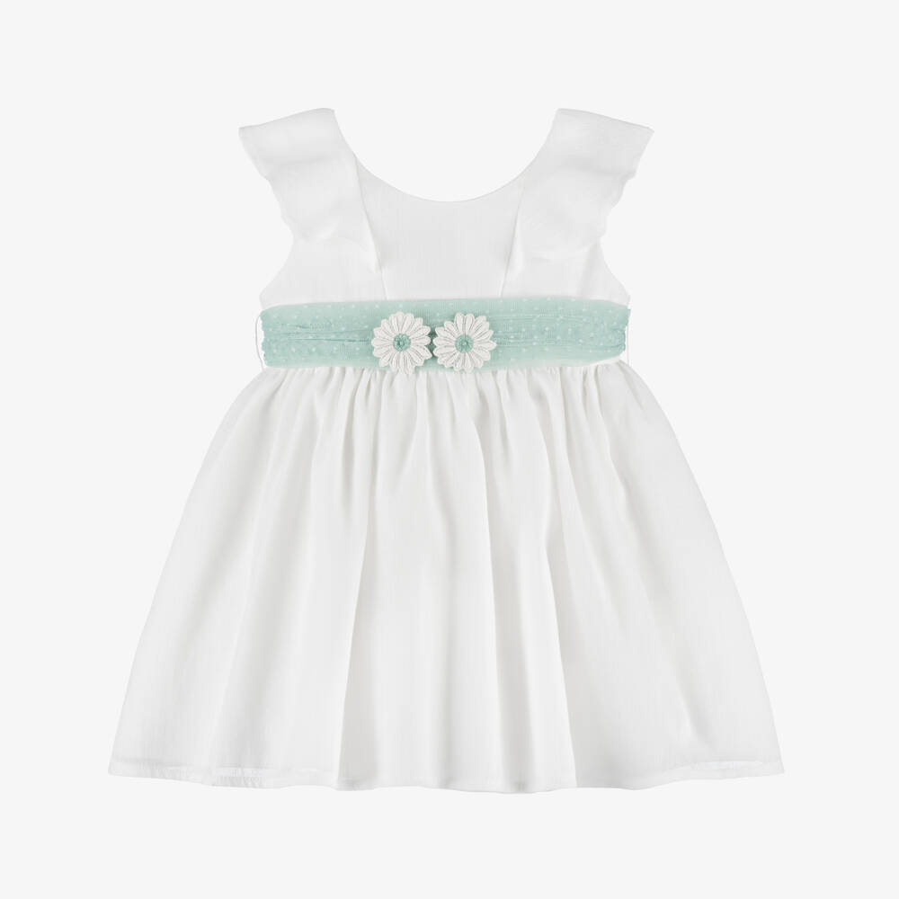 Mayoral-Girls White Dress with Green Tulle Sash Belt | Childrensalon