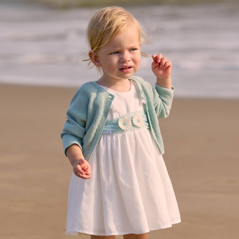 Mayoral-Girls White Dress with Green Tulle Sash Belt | Childrensalon