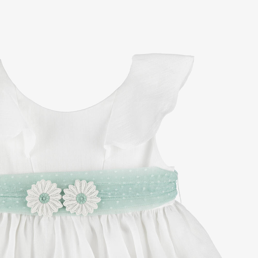 Mayoral-Girls White Dress with Green Tulle Sash Belt | Childrensalon