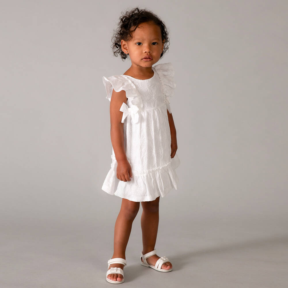 Mayoral-Girls White Embroidered Floral Cotton Dress | Childrensalon