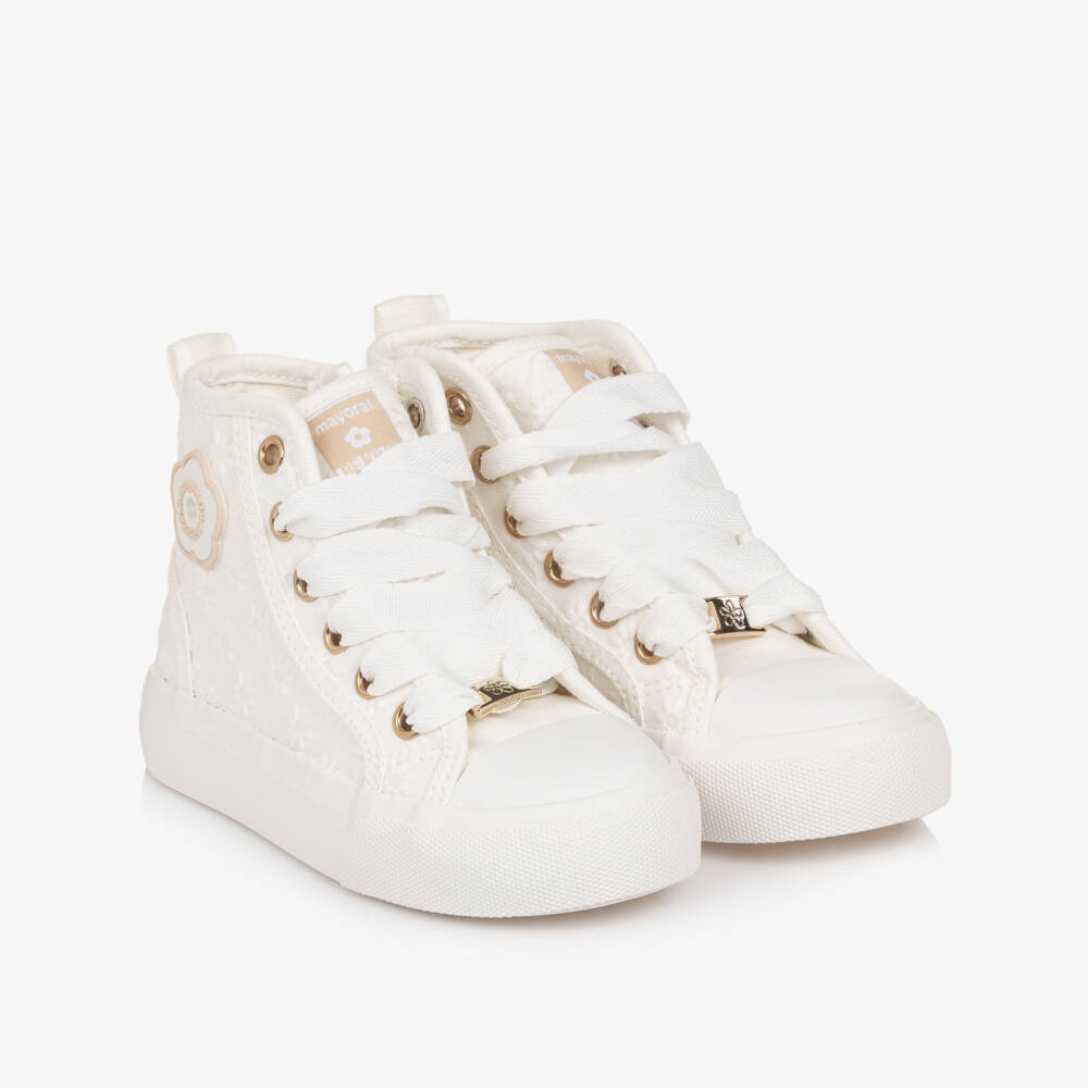 Mayoral-Girls White Embroidered Hight-Top Trainers | Childrensalon