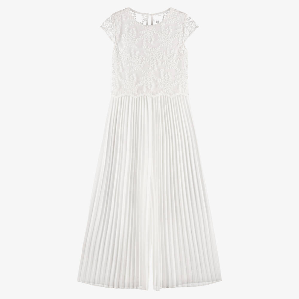 Mayoral-Girls White Embroidered & Pleated Chiffon Jumpsuit | Childrensalon
