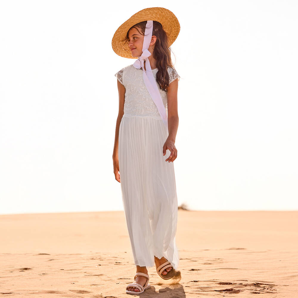 Mayoral-Girls White Embroidered & Pleated Chiffon Jumpsuit | Childrensalon