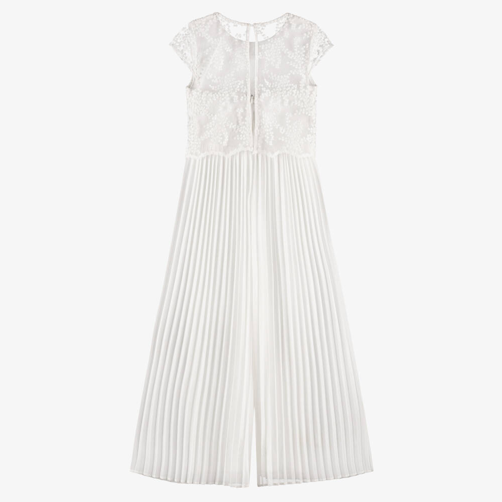 Mayoral-Girls White Embroidered & Pleated Chiffon Jumpsuit | Childrensalon