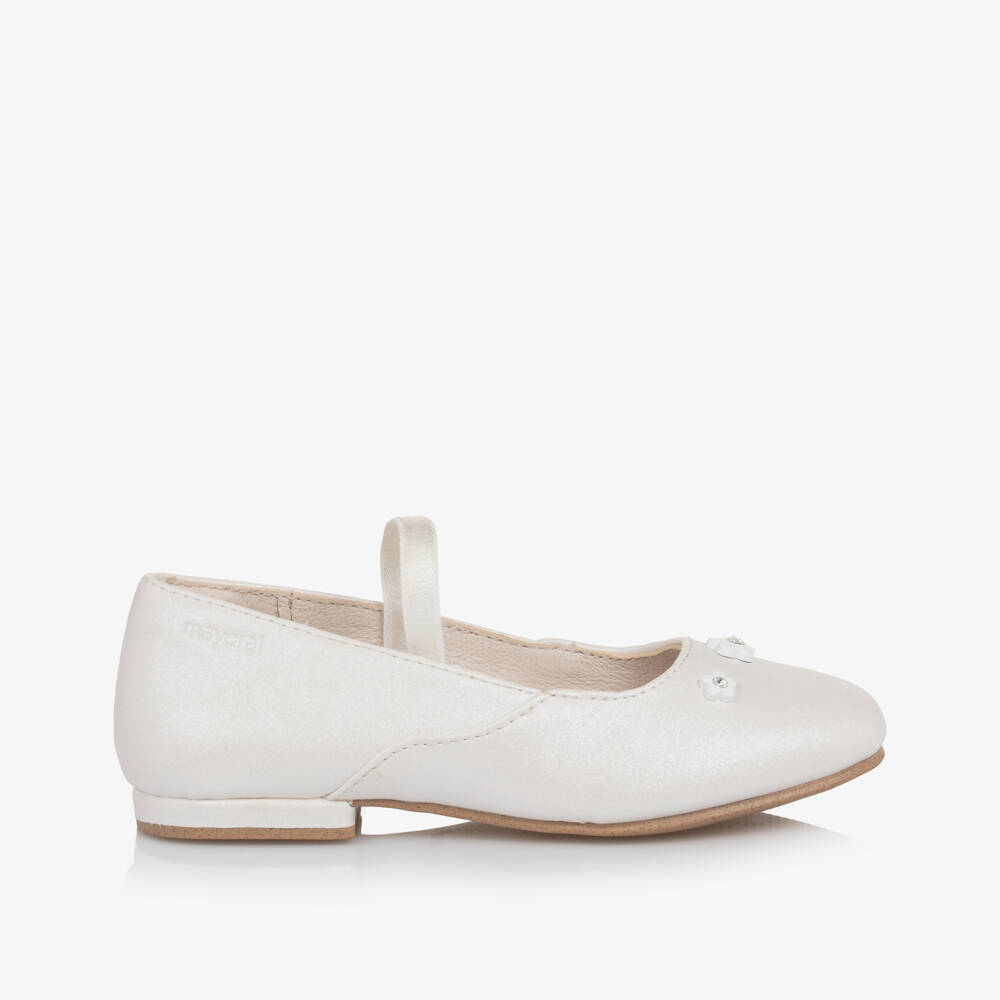 Mayoral-Girls White Faux Leather Flower Pumps | Childrensalon