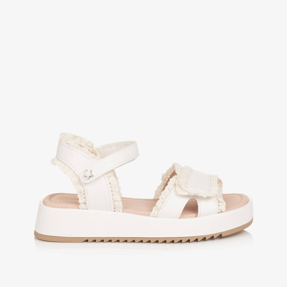 Mayoral-Girls White Faux Leather Sandals with Lace Trims | Childrensalon