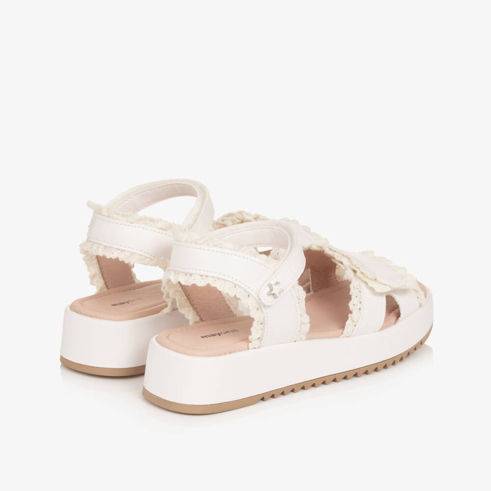 Mayoral-Girls White Faux Leather Sandals with Lace Trims | Childrensalon