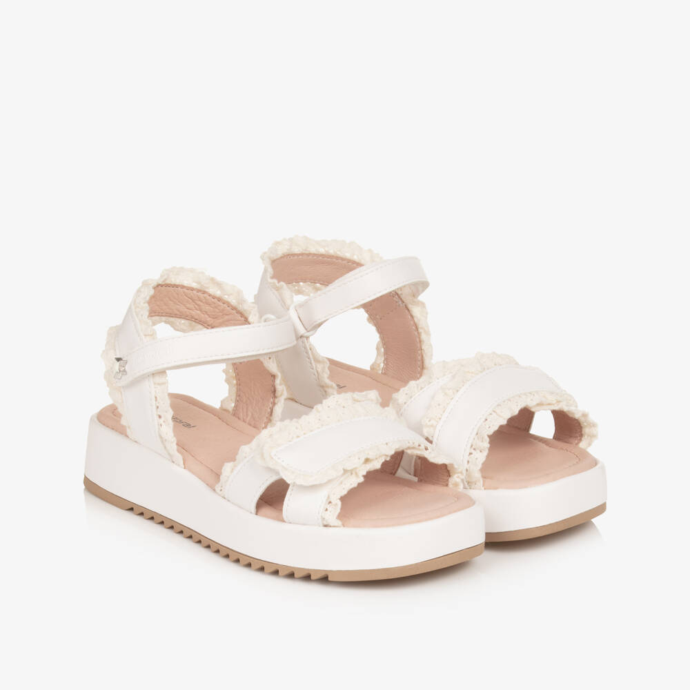 Mayoral-Girls White Faux Leather Sandals with Lace Trims | Childrensalon