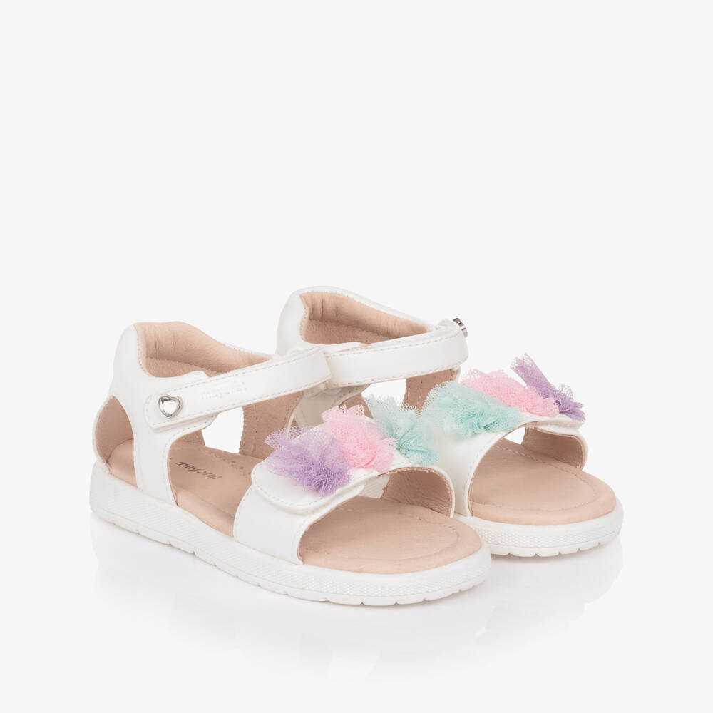 Mayoral-Girls White Faux Leather Sandals with Tulle Flowers | Childrensalon