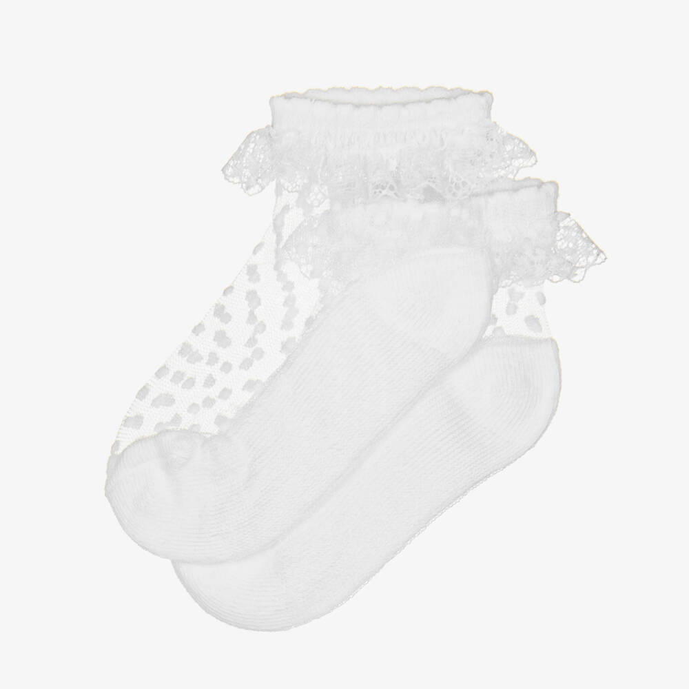 Mayoral-Girls White Flocked Dot Frilly Socks | Childrensalon