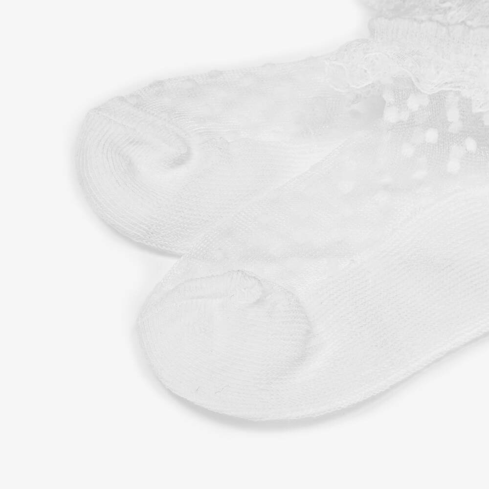 Mayoral-Girls White Flocked Dot Frilly Socks | Childrensalon