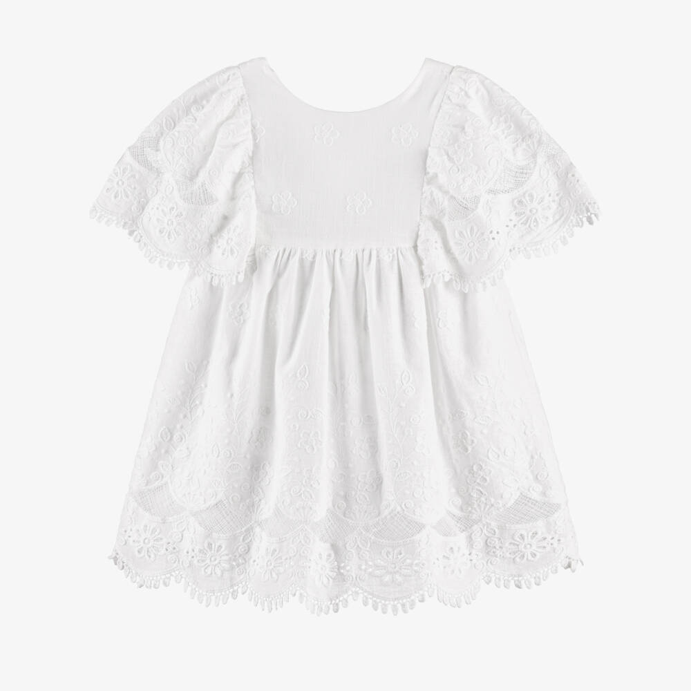Mayoral-Girls White Floral Embroidered & Lace Trim Dress | Childrensalon