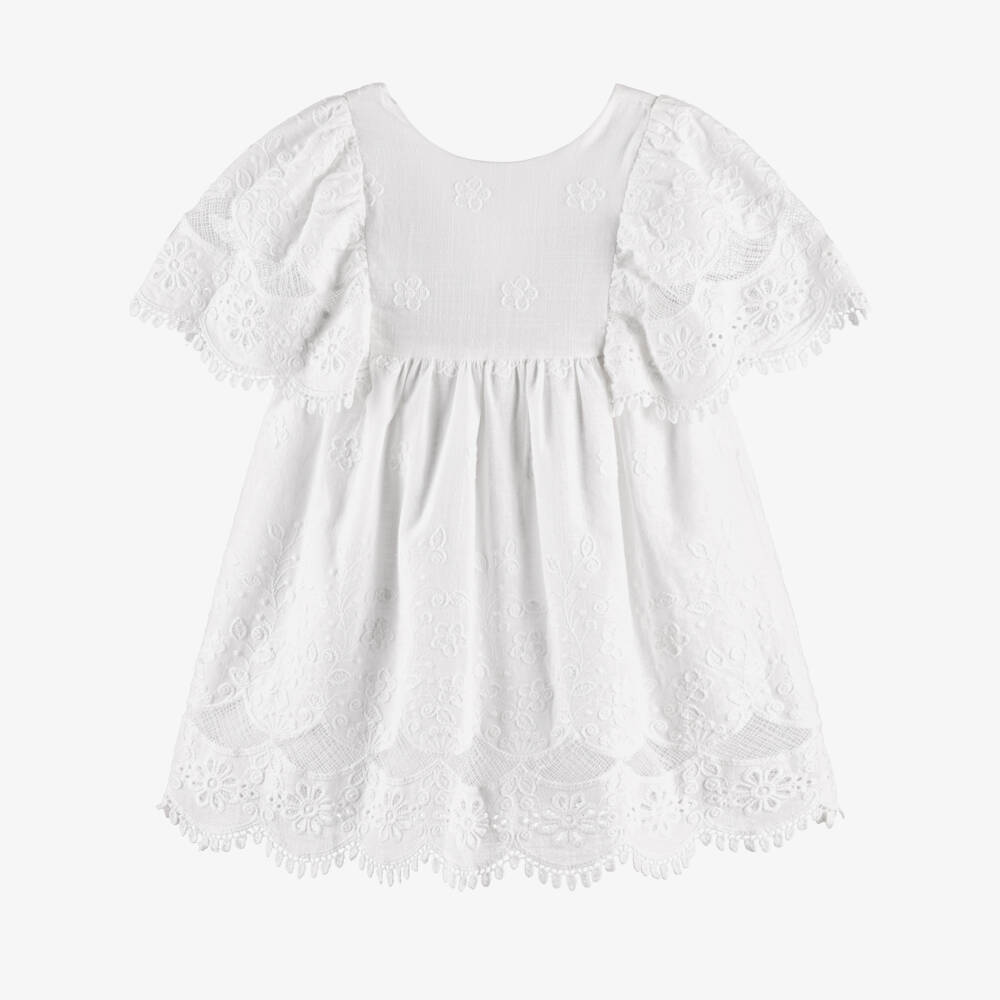 Mayoral-Girls White Floral Embroidered & Lace Trim Dress | Childrensalon