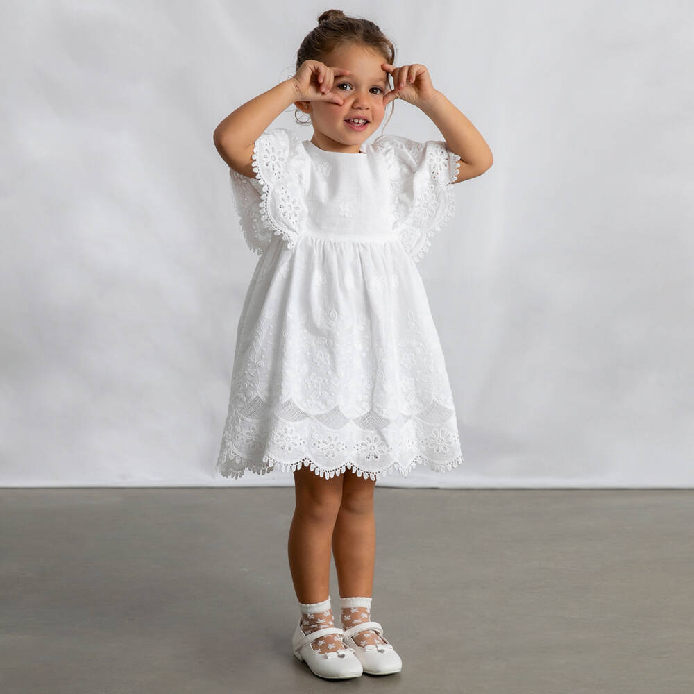 Mayoral-Girls White Floral Embroidered & Lace Trim Dress | Childrensalon