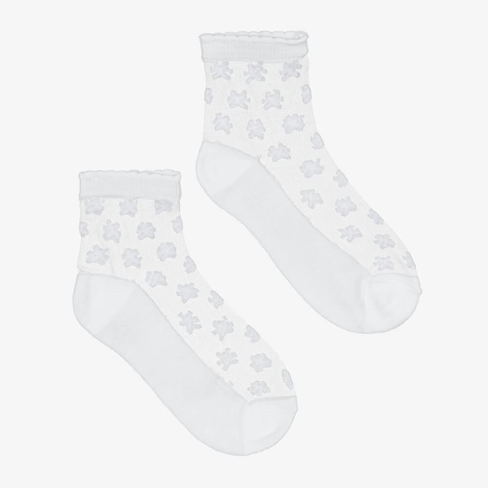 Mayoral-Girls White Floral Flocked Mesh Ankle Socks | Childrensalon