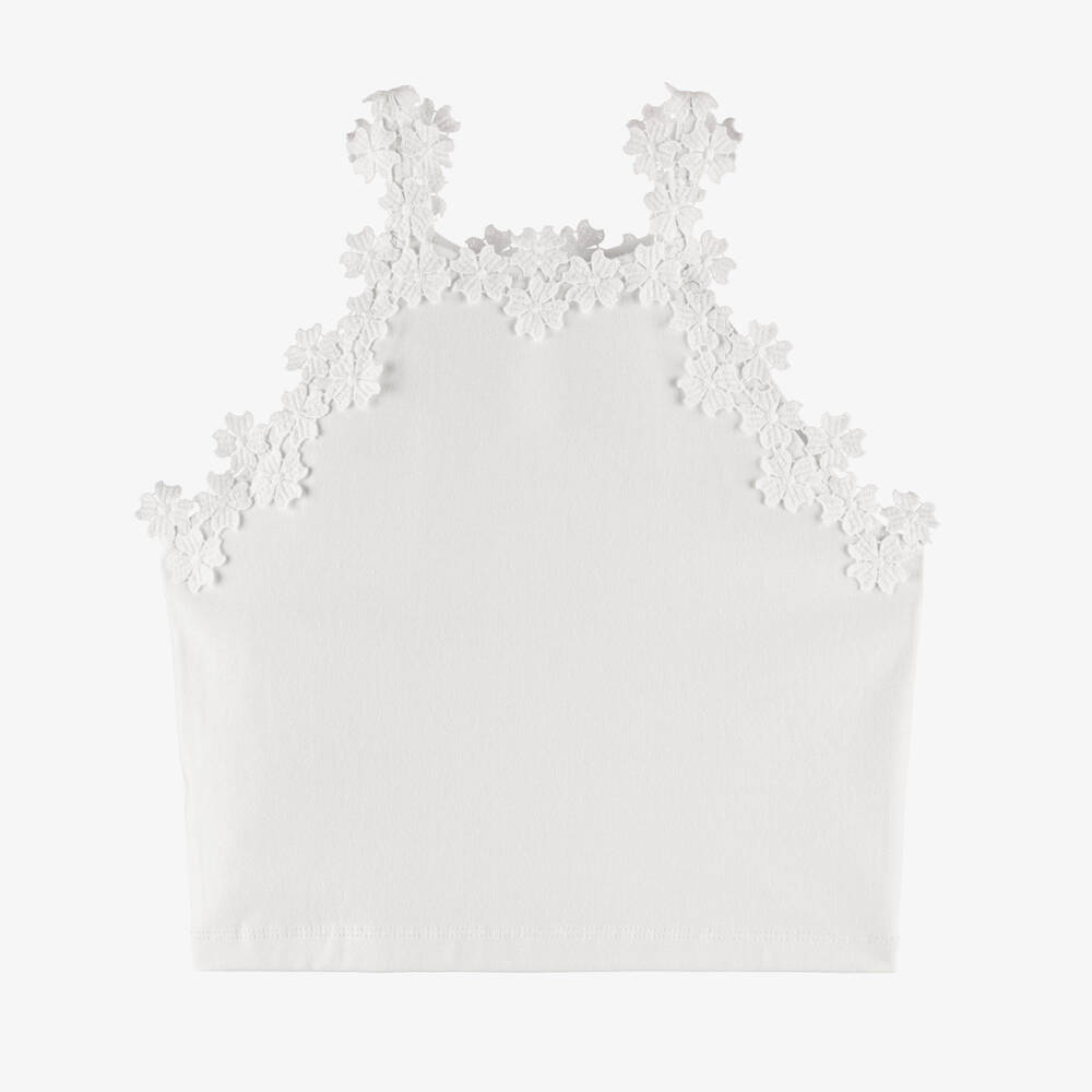 Mayoral-Girls White Floral Trim Sleeveless Jersey Top | Childrensalon