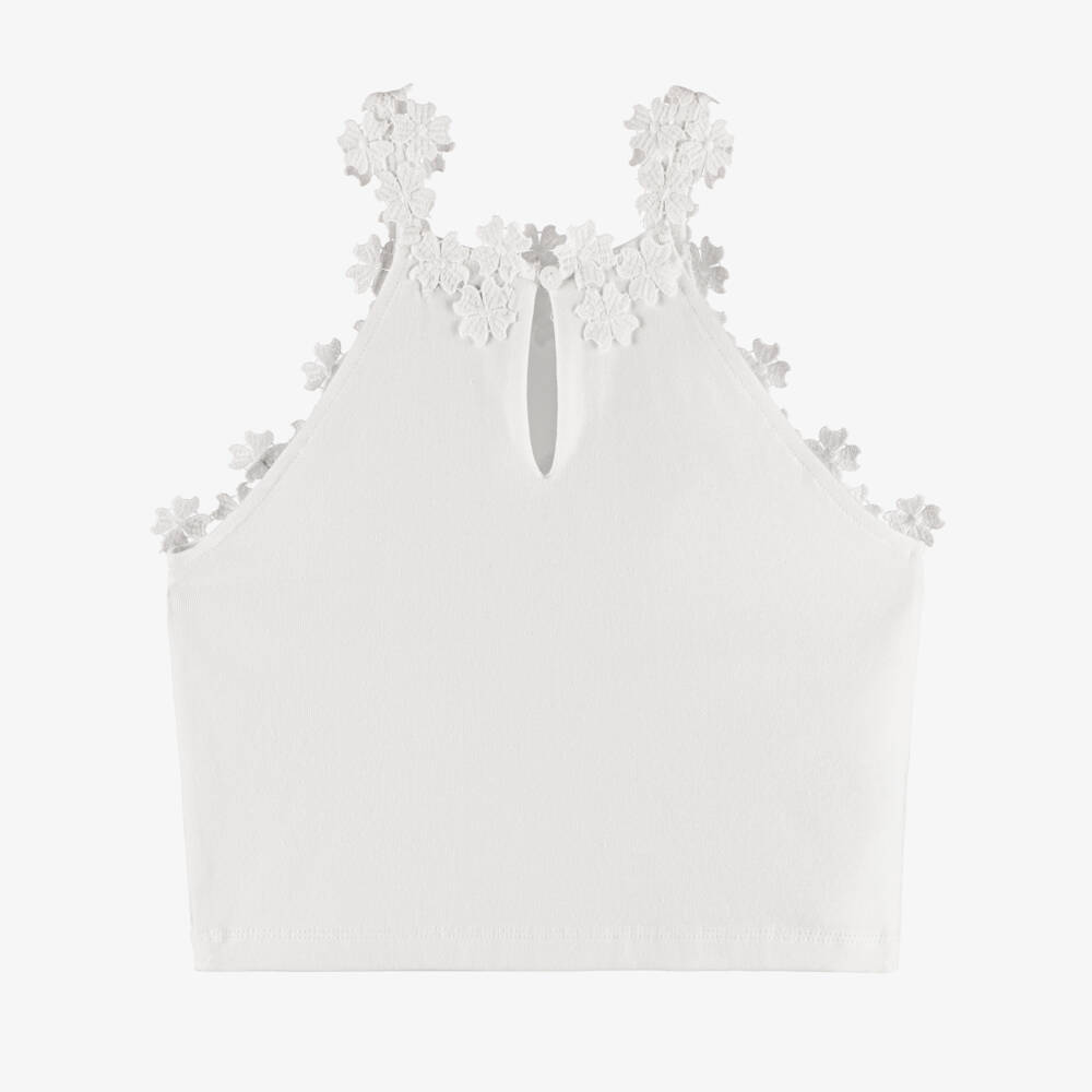 Mayoral-Girls White Floral Trim Sleeveless Jersey Top | Childrensalon
