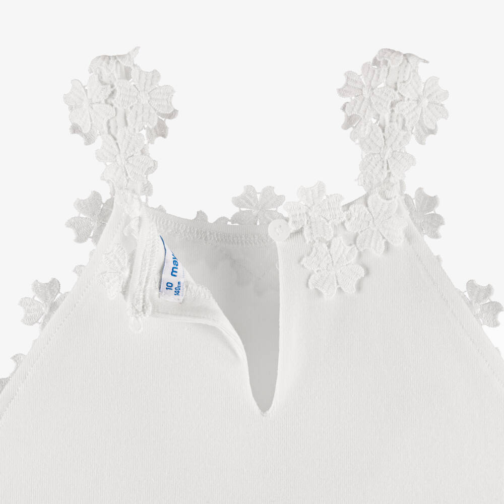 Mayoral-Girls White Floral Trim Sleeveless Jersey Top | Childrensalon