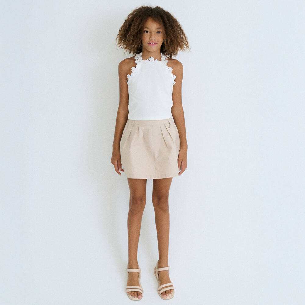 Mayoral-Girls White Floral Trim Sleeveless Jersey Top | Childrensalon