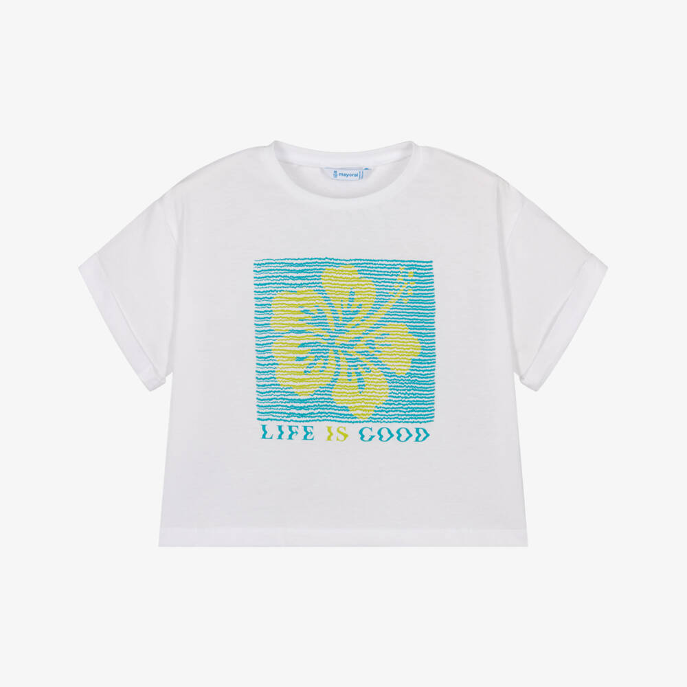 Mayoral-Girls White Flower Print Cotton Jersey T-Shirt | Childrensalon