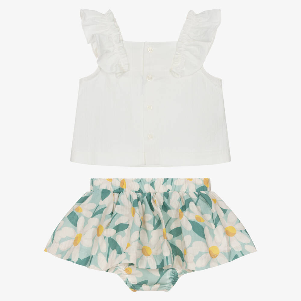 Mayoral-Girls White & Green Cotton Floral Print Skirt Set | Childrensalon