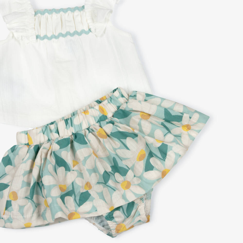 Mayoral-Girls White & Green Cotton Floral Print Skirt Set | Childrensalon