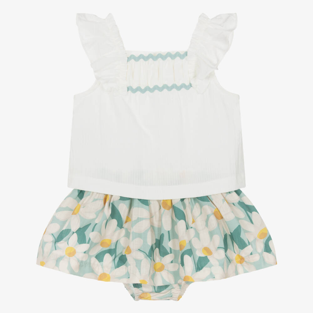 Mayoral-Girls White & Green Cotton Floral Print Skirt Set | Childrensalon