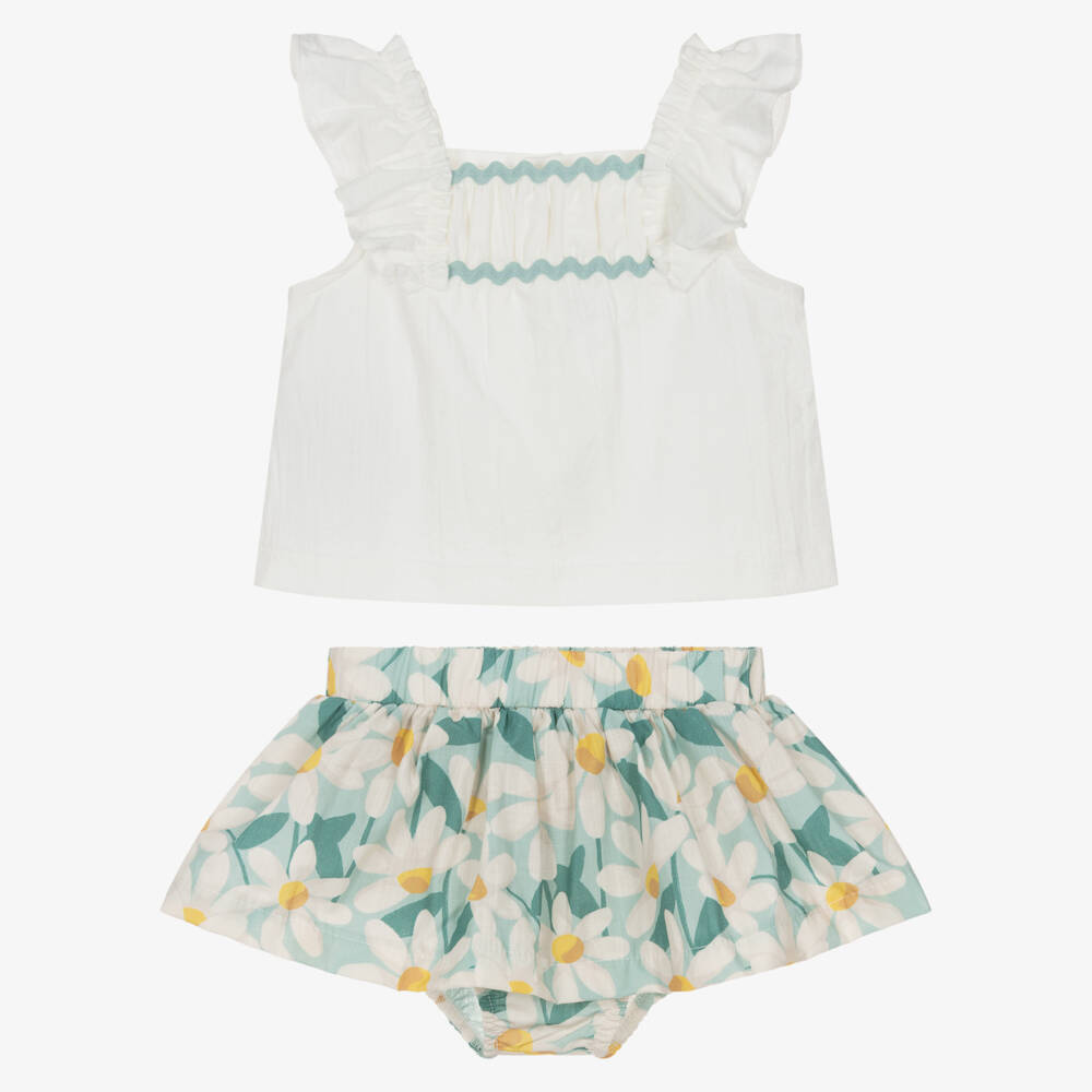 Mayoral-Girls White & Green Cotton Floral Print Skirt Set | Childrensalon