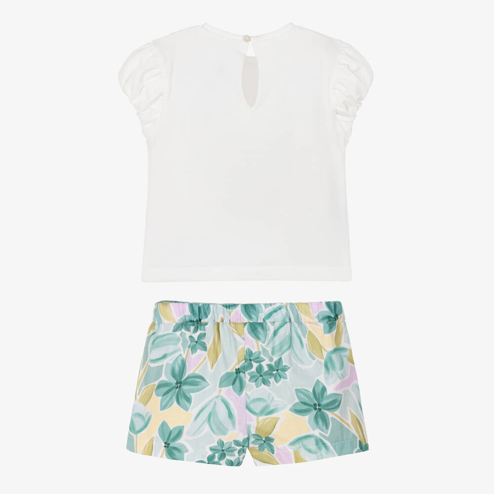Mayoral-Girls White & Green Cotton Floral Shorts Set | Childrensalon