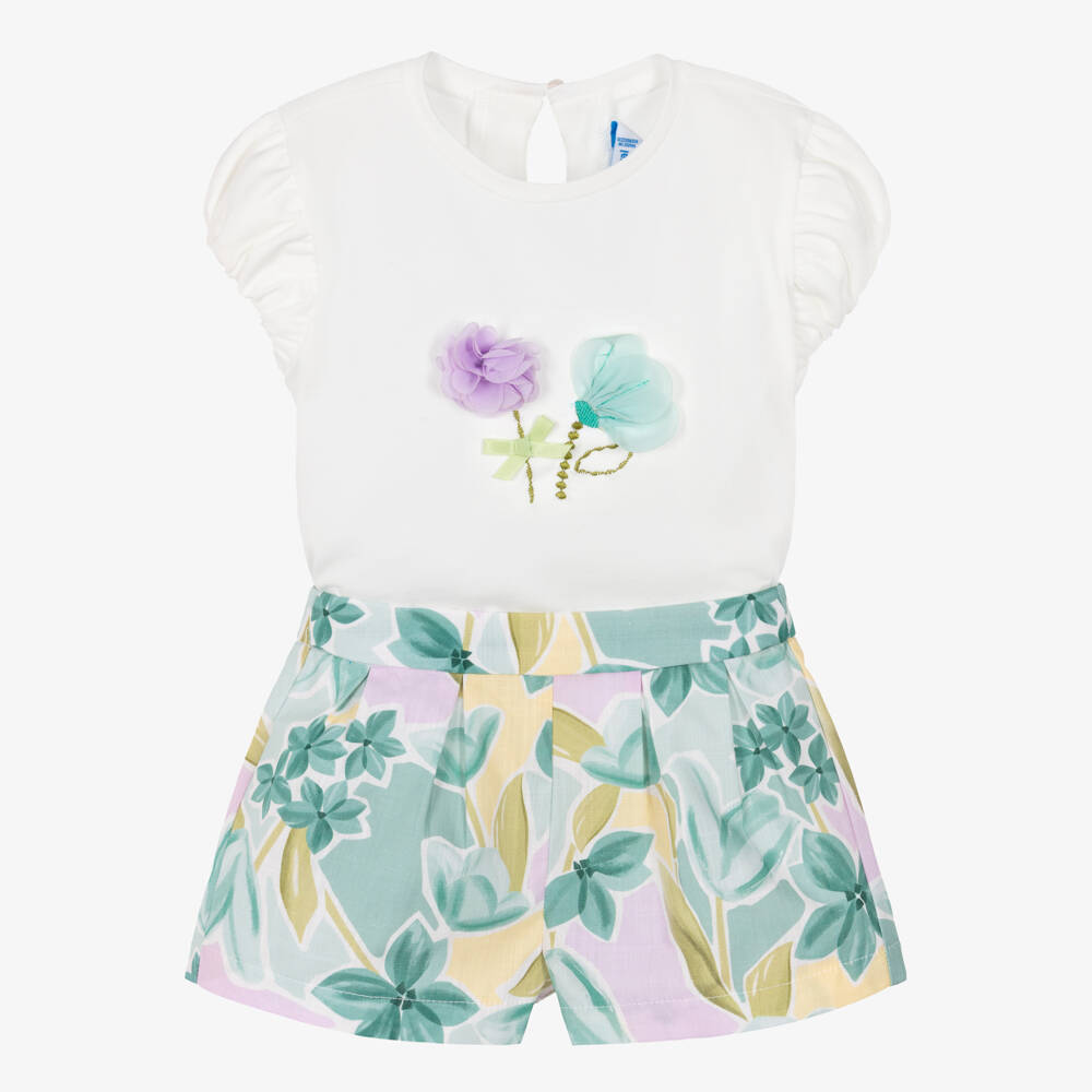 Mayoral-Girls White & Green Cotton Floral Shorts Set | Childrensalon