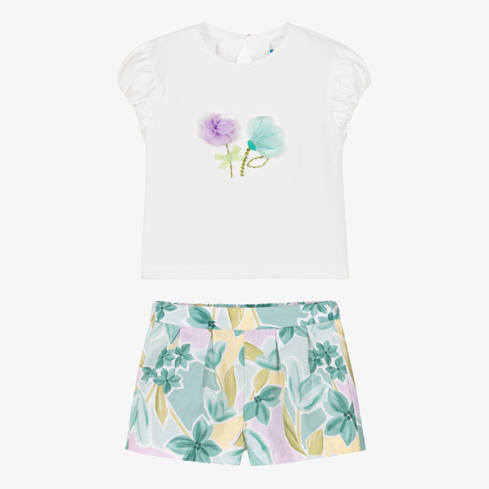 Mayoral-Girls White & Green Cotton Floral Shorts Set | Childrensalon