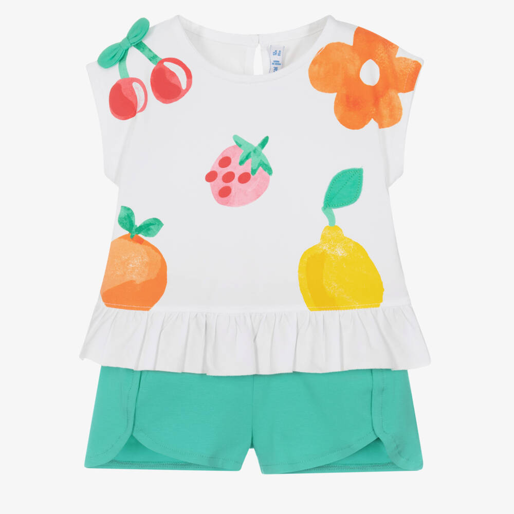 Mayoral-Girls White & Green Cotton Jersey Fruit Print Shorts Set | Childrensalon