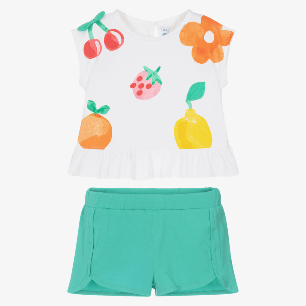 Mayoral-Girls White & Green Cotton Jersey Fruit Print Shorts Set | Childrensalon