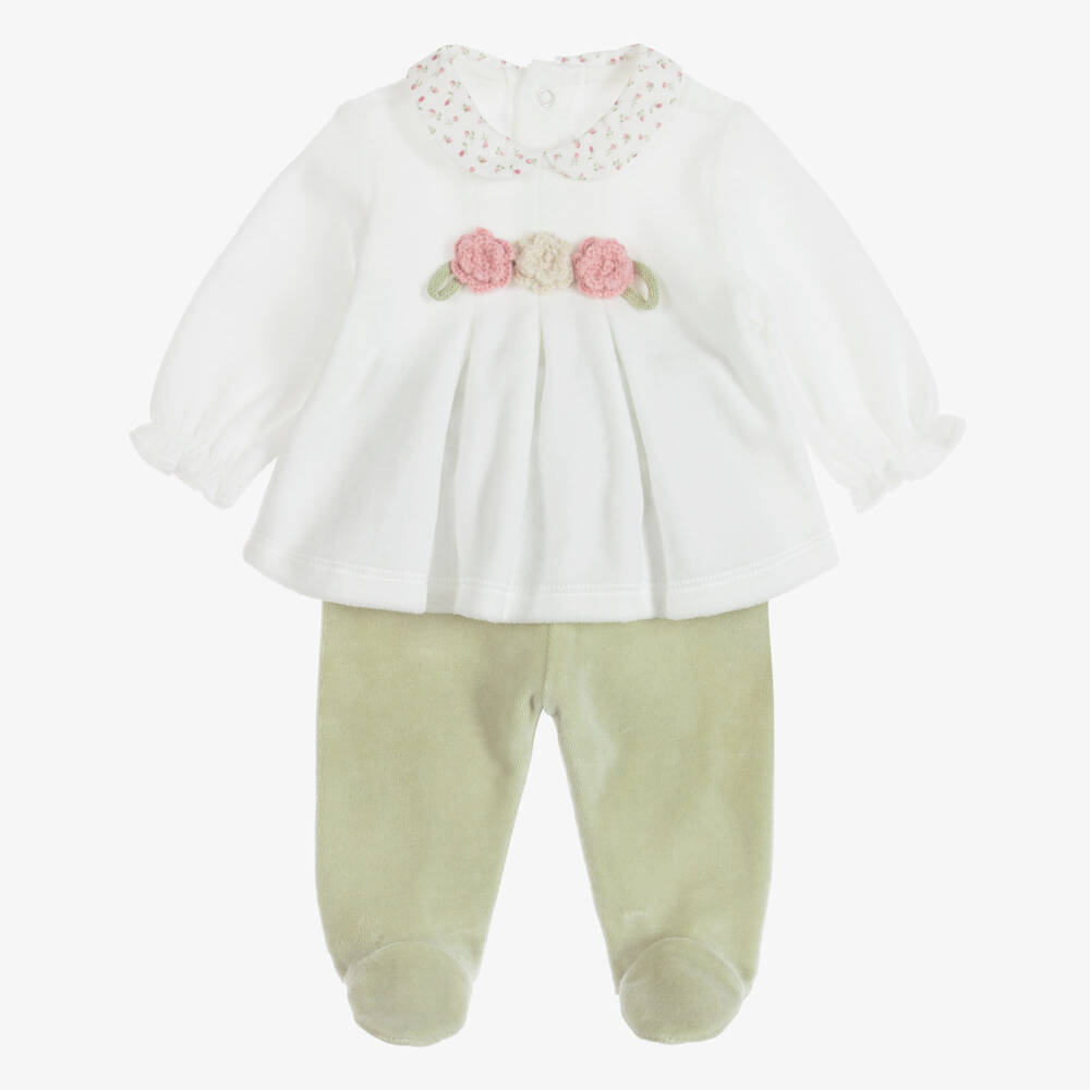 Mayoral Для новорожденных-Girls White & Green Velour 2-Piece Babygrow | Childrensalon