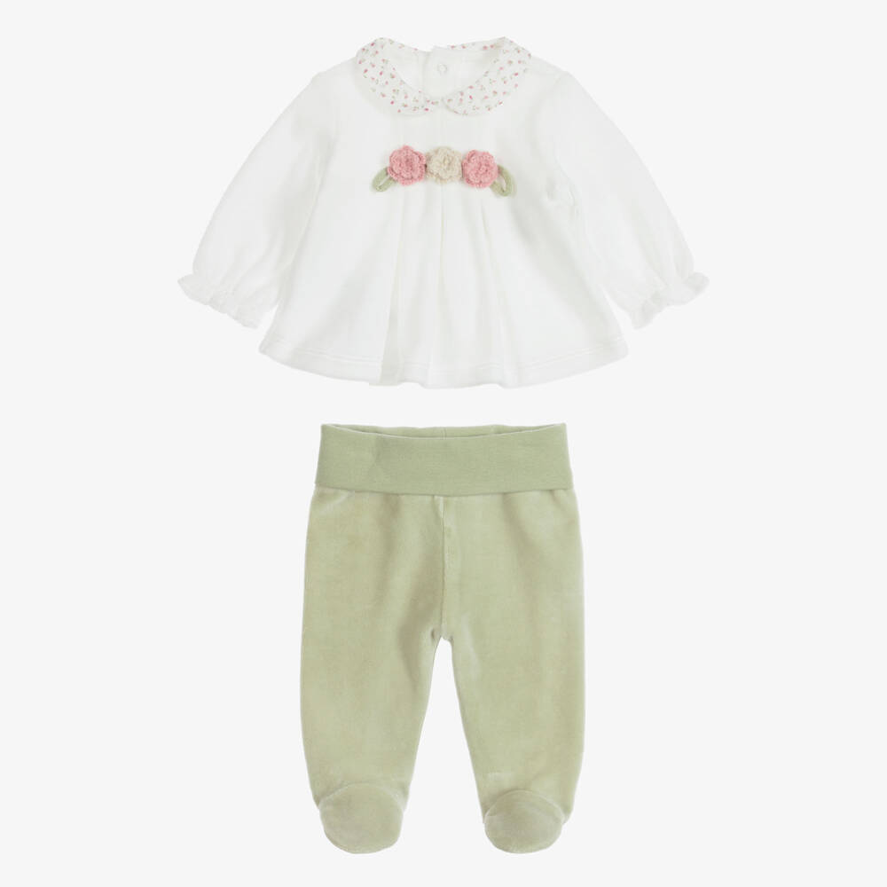 Mayoral Для новорожденных-Girls White & Green Velour 2-Piece Babygrow | Childrensalon