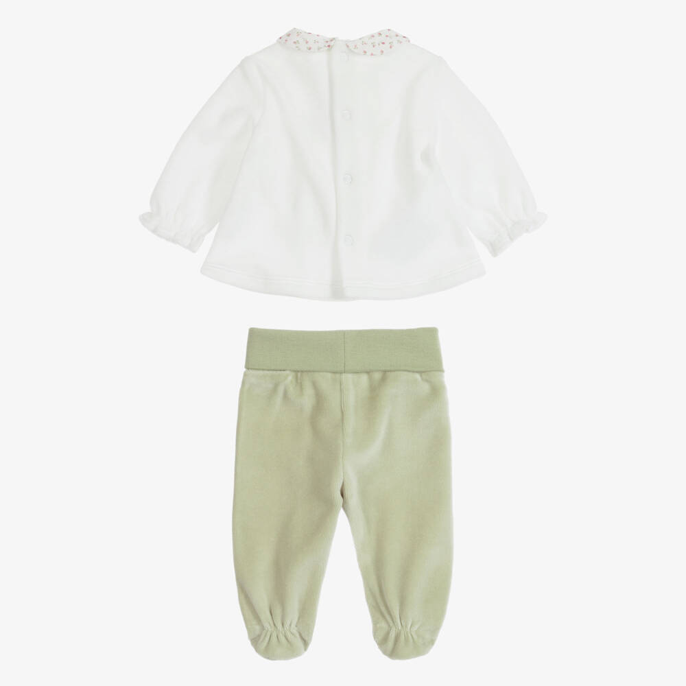 Mayoral Для новорожденных-Girls White & Green Velour 2-Piece Babygrow | Childrensalon
