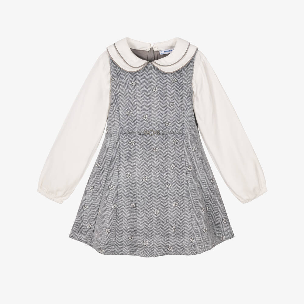 Mayoral-Girls White & Grey Chevron Pattern Dress | Childrensalon