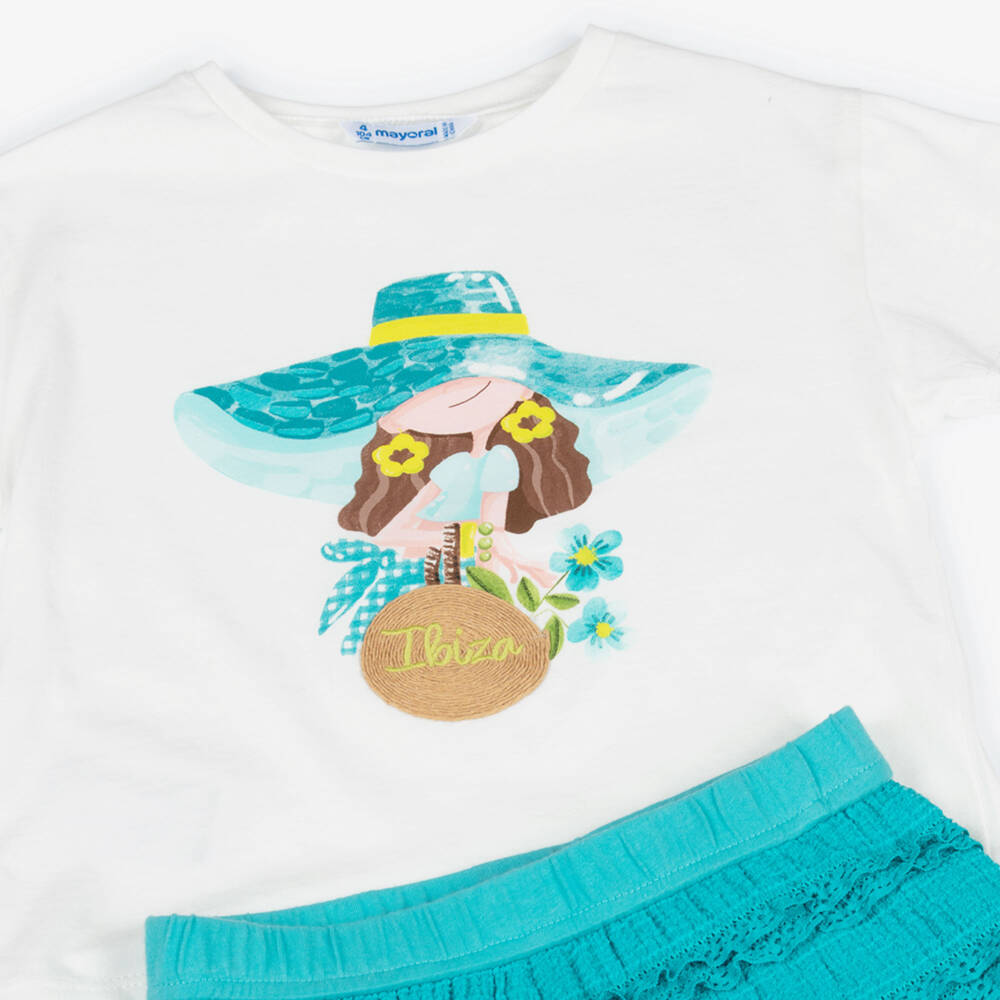 Mayoral-Girls White Ibiza T-Shirt & Aqua Blue Lace-Trimmed Shorts Set | Childrensalon